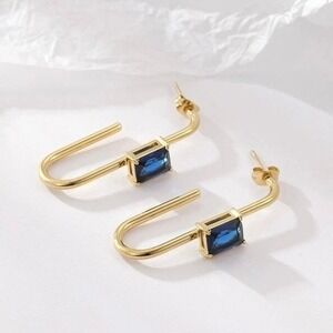 Gold Plated Stainless Steel‎ Blue Zircon Drop Earrings